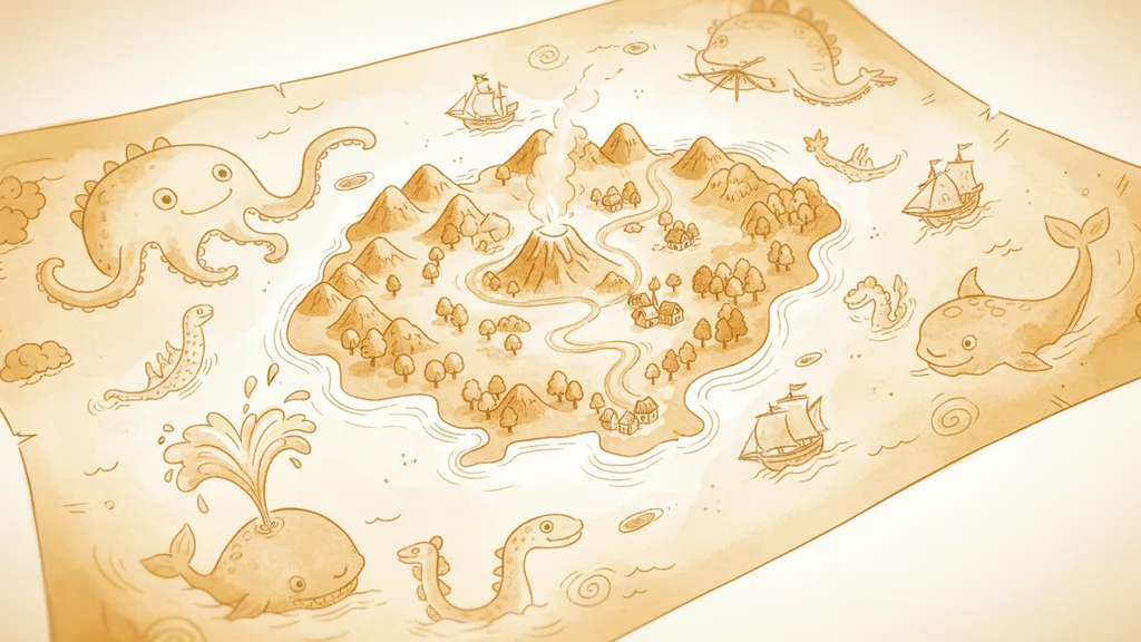 an old-fashioned map of an imaginary island with sea monsters