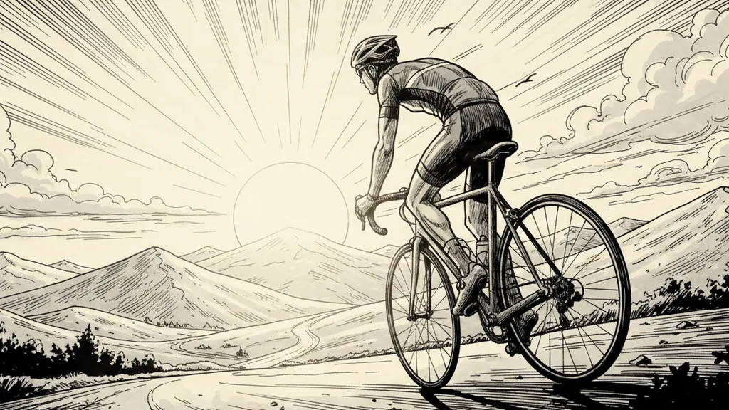 a cyclist cresting a mountain pass at sunrise