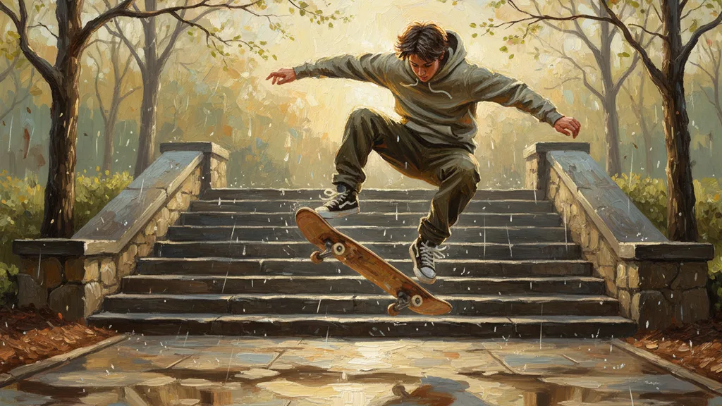 a teenage skateboarder mid-air over a stair set