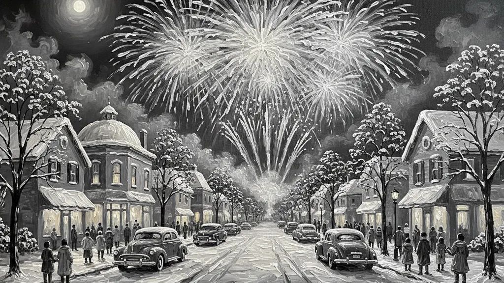 fireworks over a small-town main street on the Fourth of July