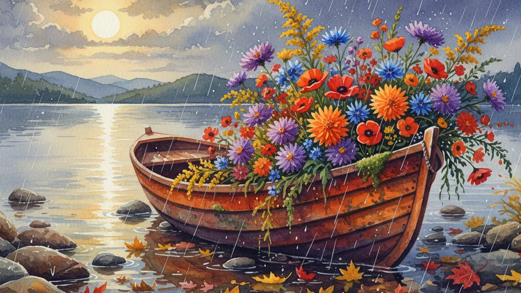 a rusty rowboat full of wildflowers on a lake shore