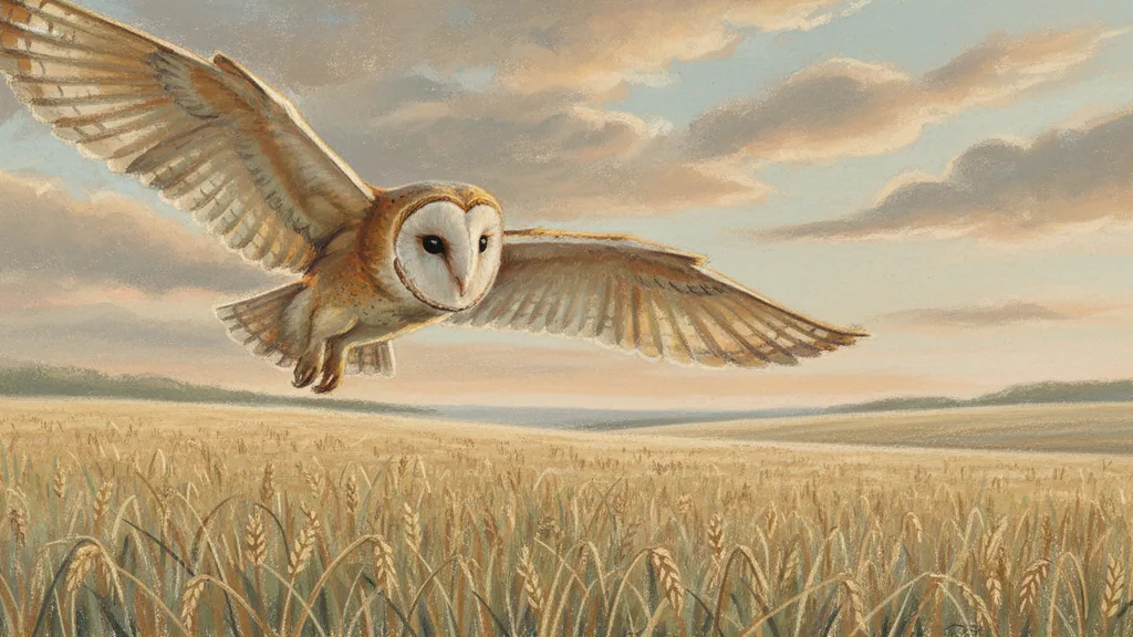a barn owl gliding low over a wheat field at dusk