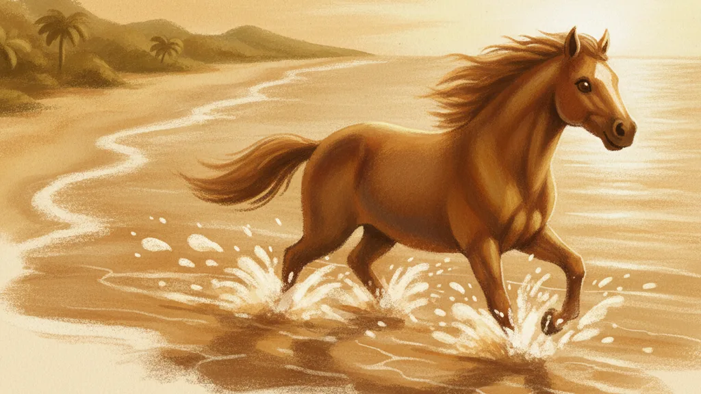 a horse galloping through shallow surf
