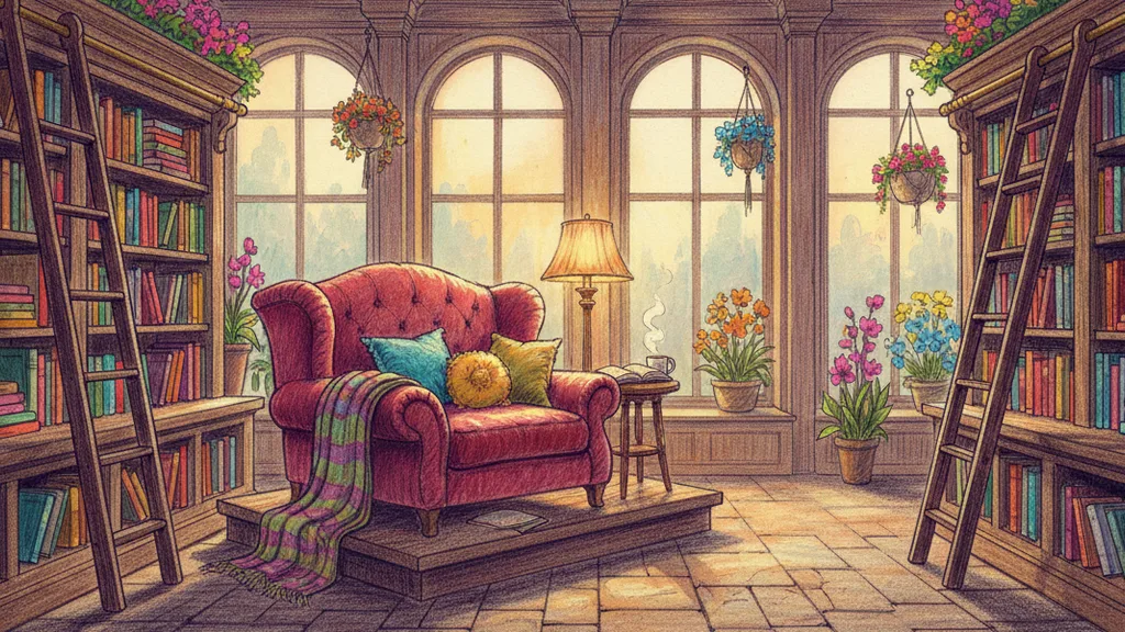 a cozy bookshop interior with ladders and a reading nook