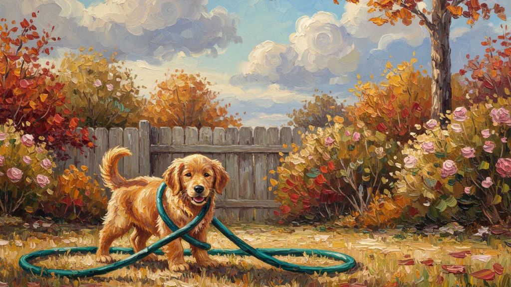 a golden retriever puppy tangled in a garden hose