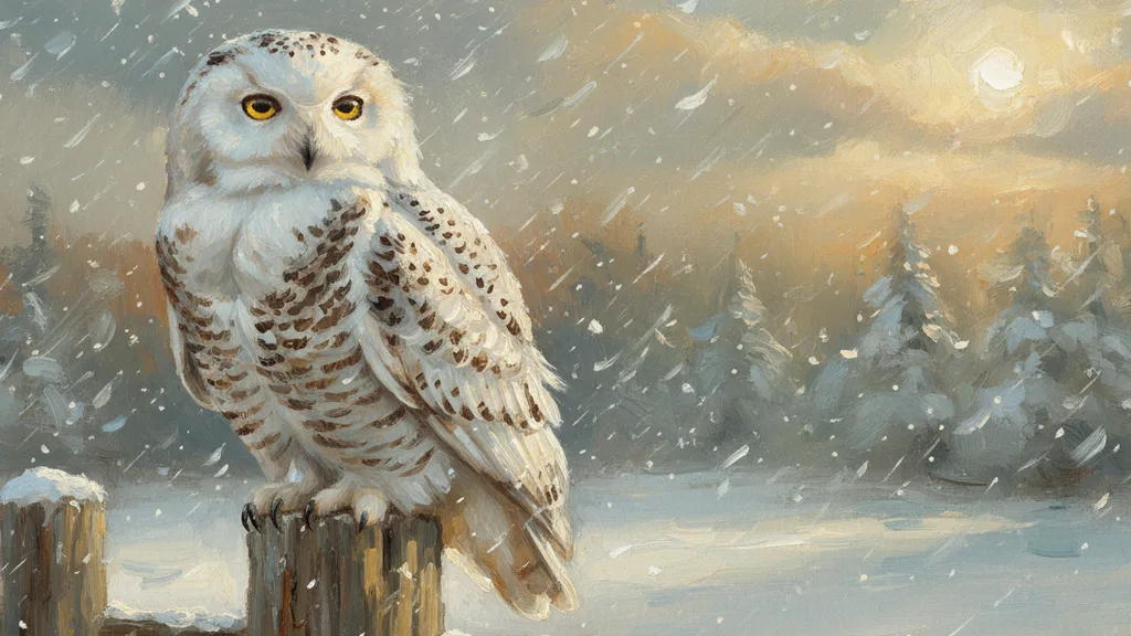 a snowy owl perched on a fence post in a blizzard