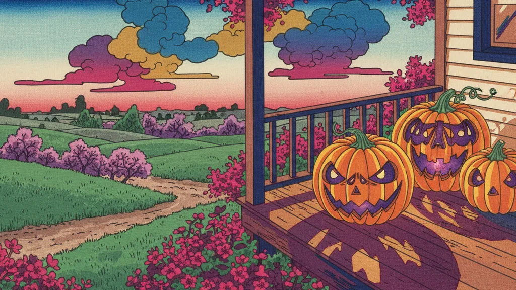 carved pumpkins glowing on a farmhouse porch at dusk