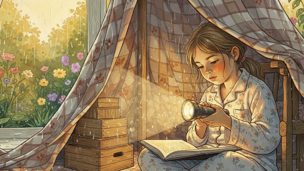 a girl reading under a blanket fort with a flashlight