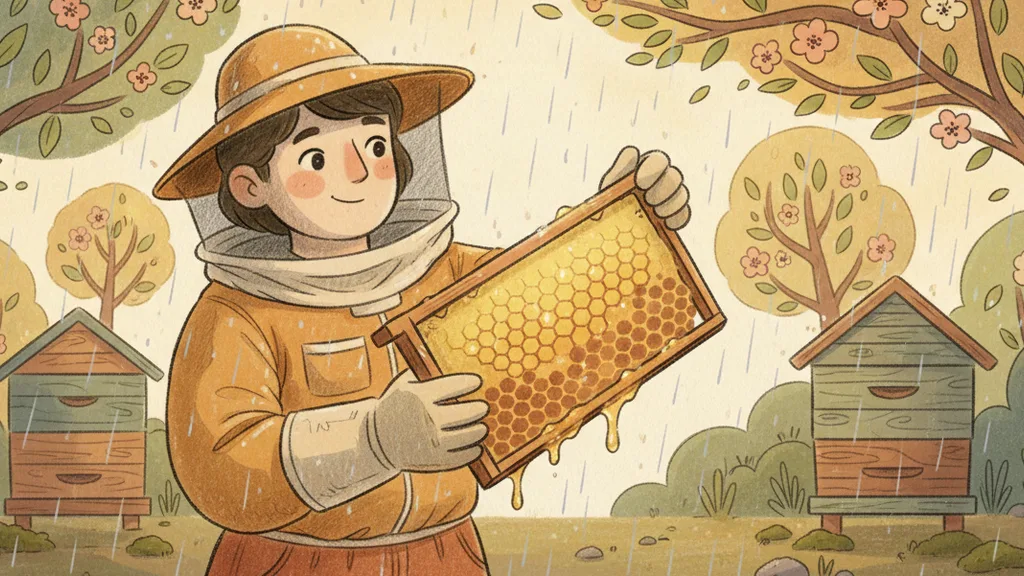 a beekeeper lifting a frame heavy with honeycomb