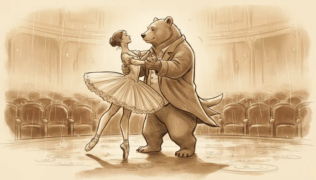 a ballerina and a bear dancing in an empty theater