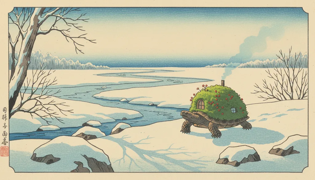 a tortoise wearing a tiny house made of moss