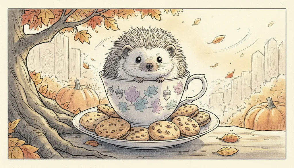 a hedgehog in a teacup on a saucer of biscuits