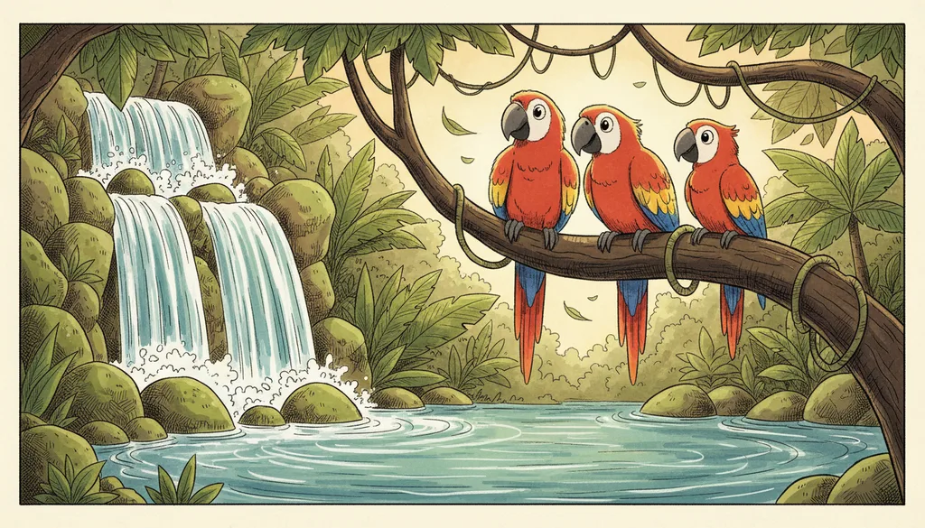a waterfall pouring into a jungle pool with parrots