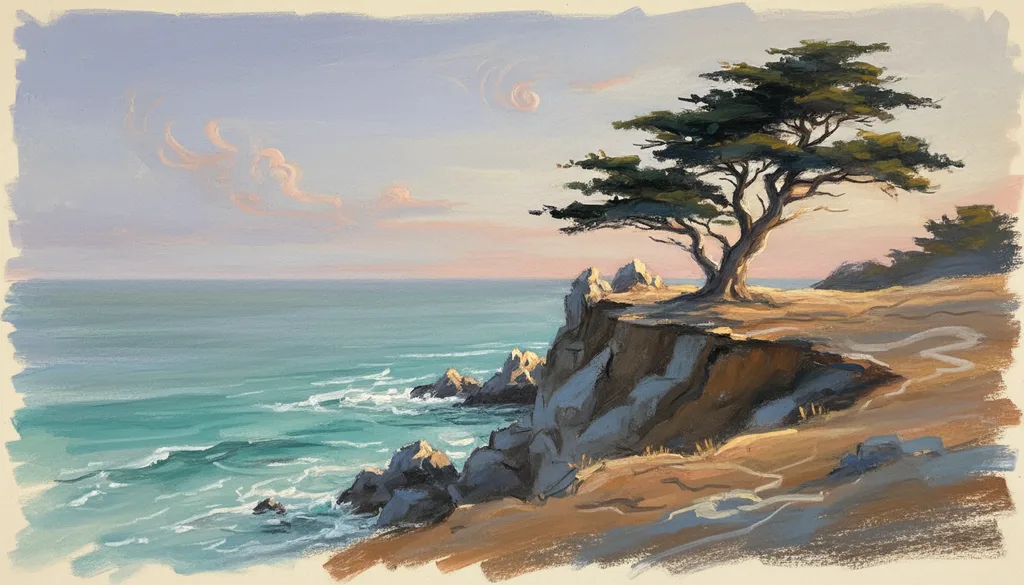 a lone cypress tree on a cliff above a turquoise sea