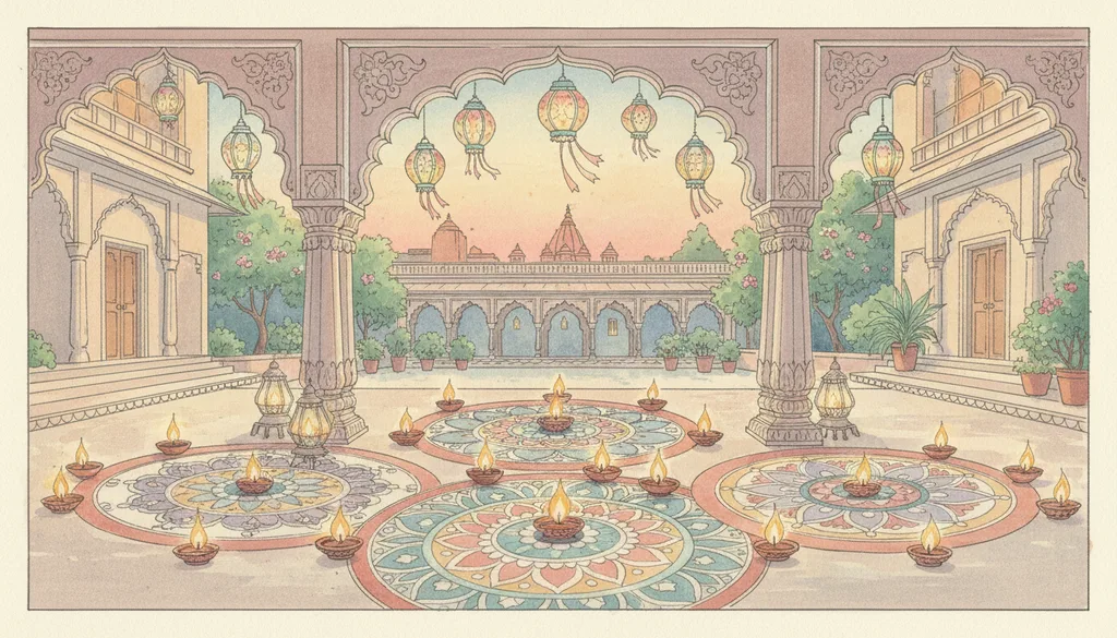 a lantern-lit Diwali courtyard with rangoli patterns