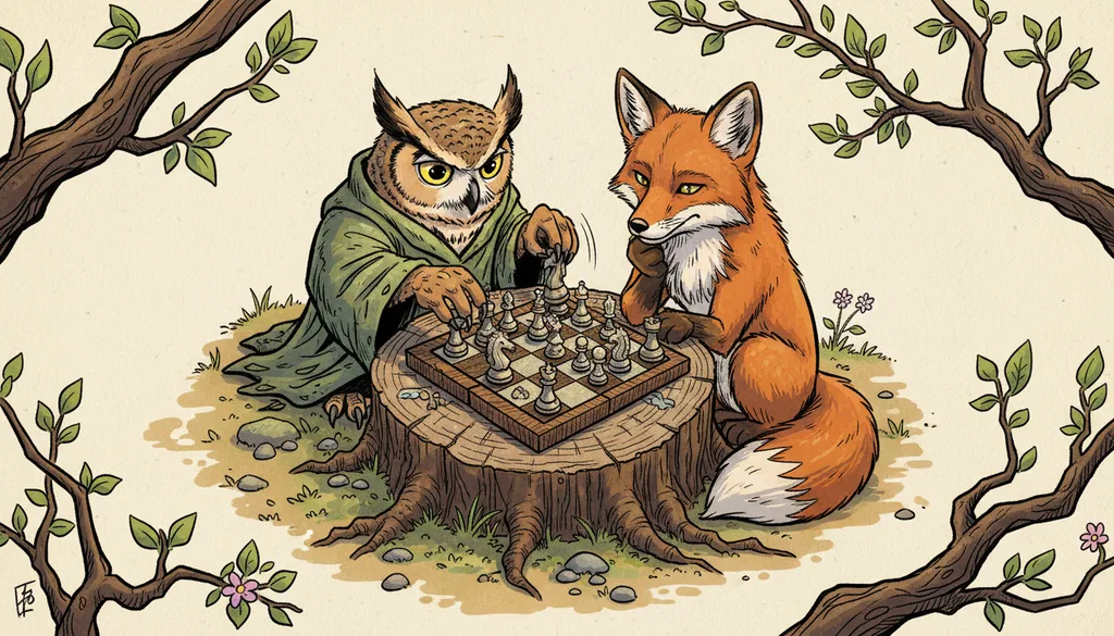 a chess game between an owl and a fox