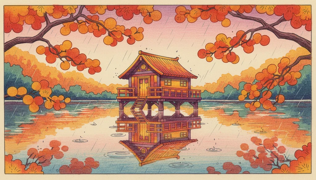 a tiny cabin on stilts over a still lake