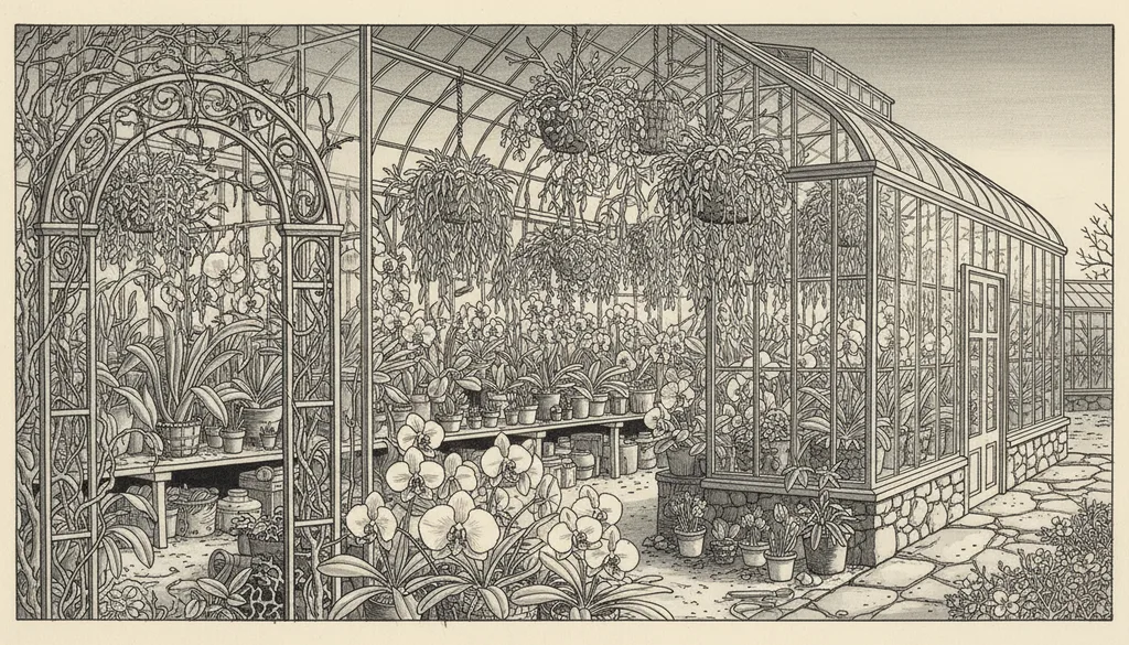 a greenhouse full of orchids and hanging ferns