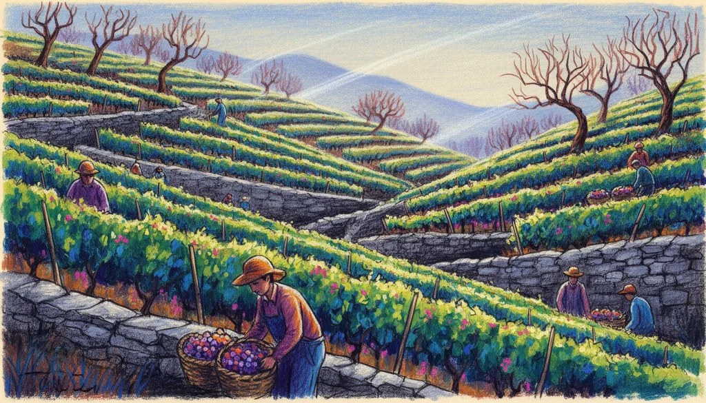 a vineyard on terraced hills at harvest
