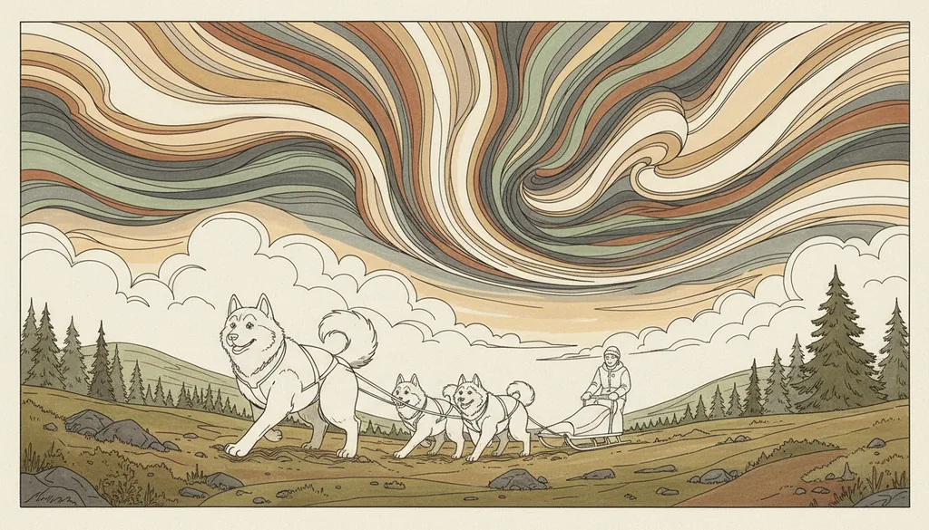 a sled dog team racing under the northern lights