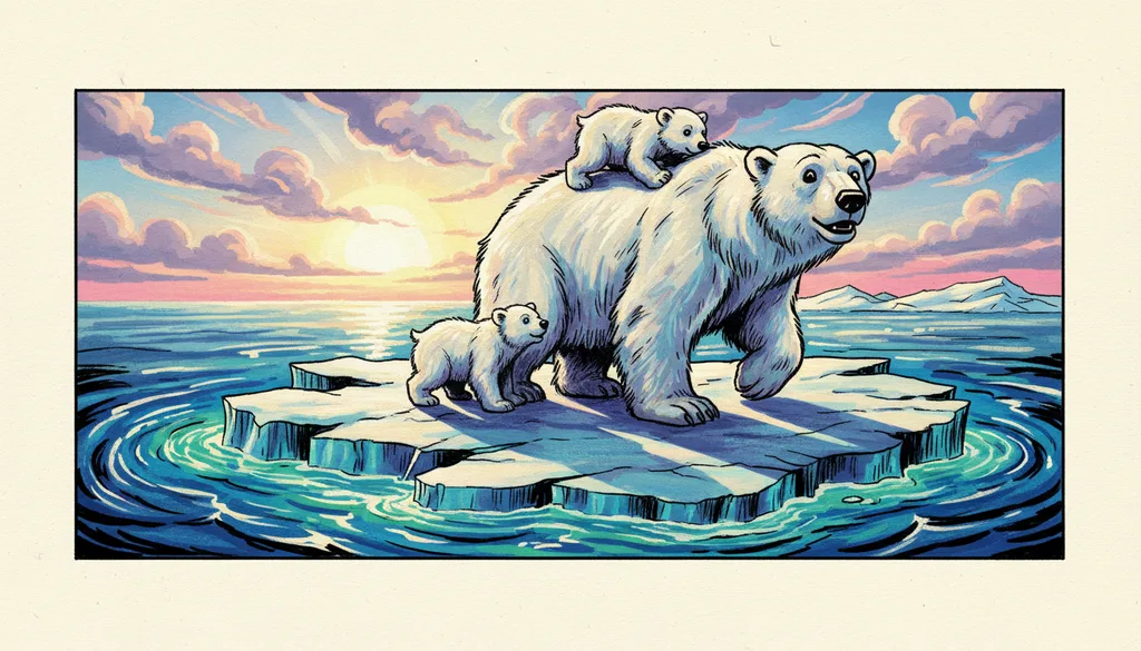 a mother polar bear and two cubs on drifting ice