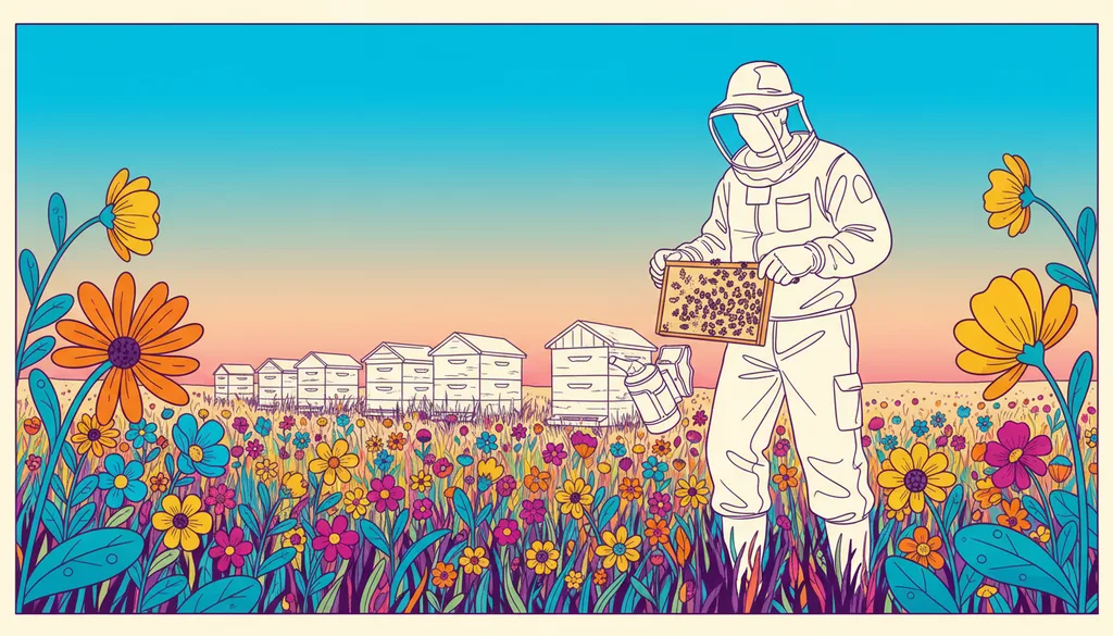 a beekeeper in a wildflower meadow, hives in a row