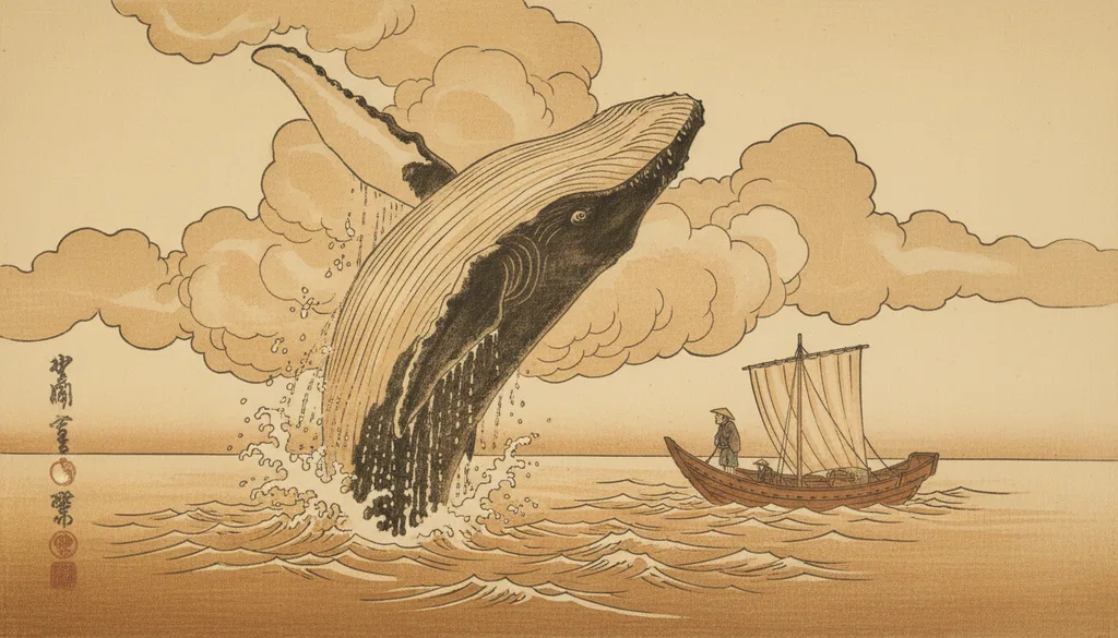 a whale breaching beside a small sailboat