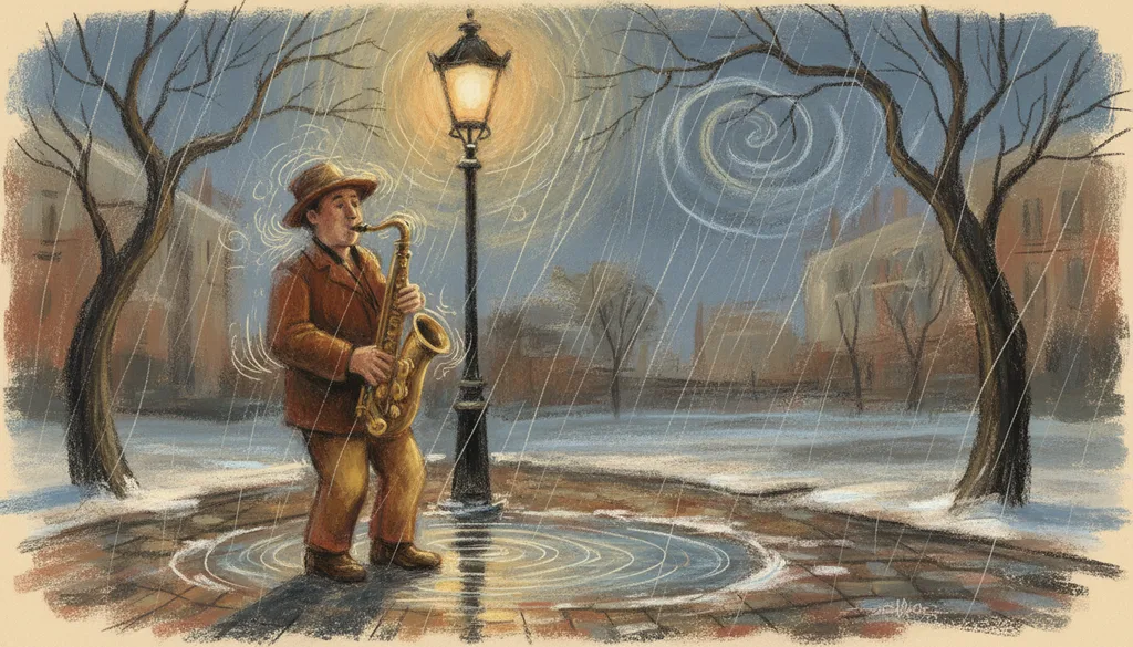 a saxophone player under a streetlamp in the rain