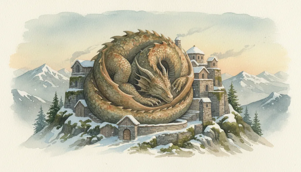 a sleeping dragon curled around a mountaintop monastery
