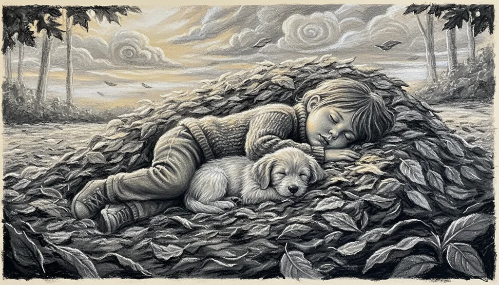 a child asleep in a pile of autumn leaves with a puppy
