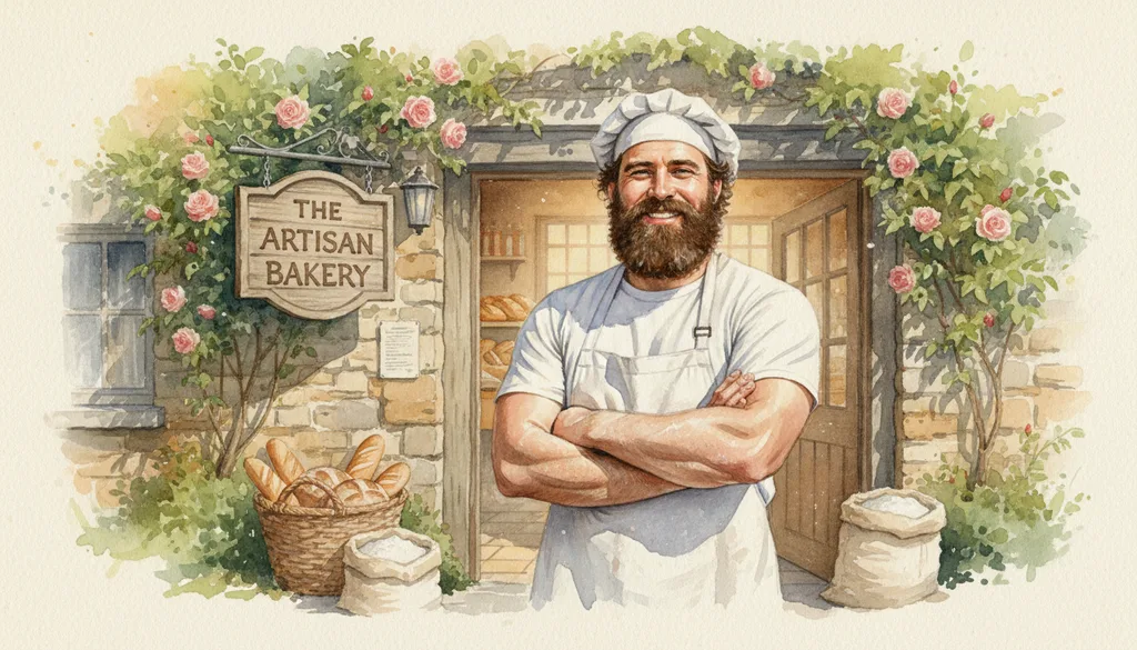 a bearded baker dusted in flour, arms crossed, smiling