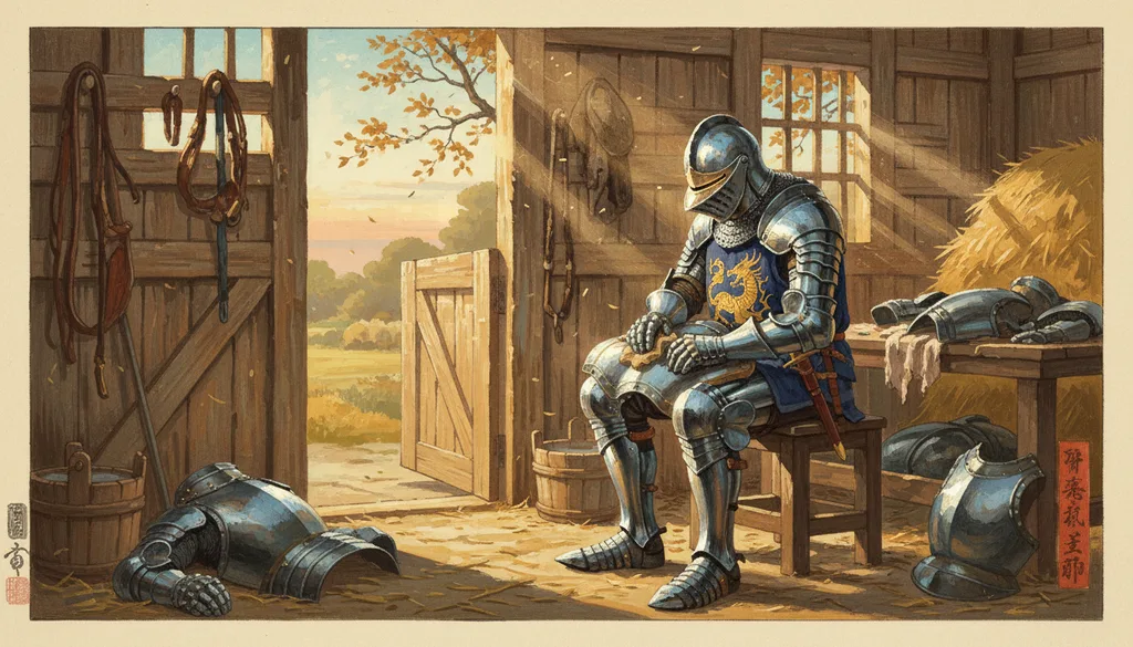 a knight polishing armor in a sunny stable