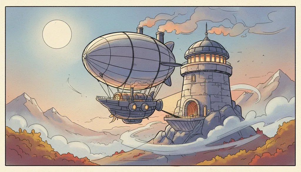 a steam-powered airship docking at a mountaintop tower