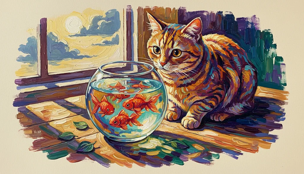 a tabby cat watching goldfish in a bowl on a sunlit table