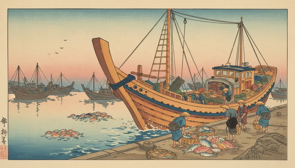 a busy harbor of fishing boats being unloaded at first light