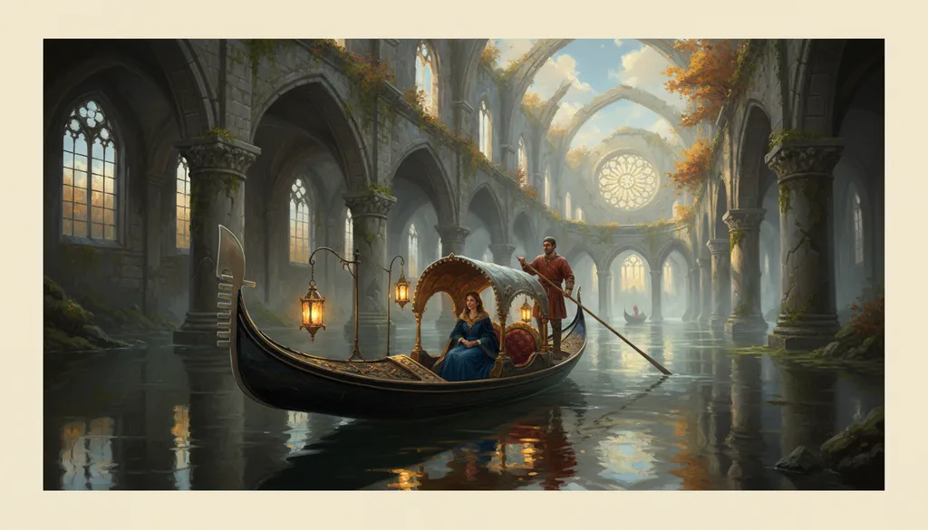 a lantern-lit gondola ride through a flooded cathedral