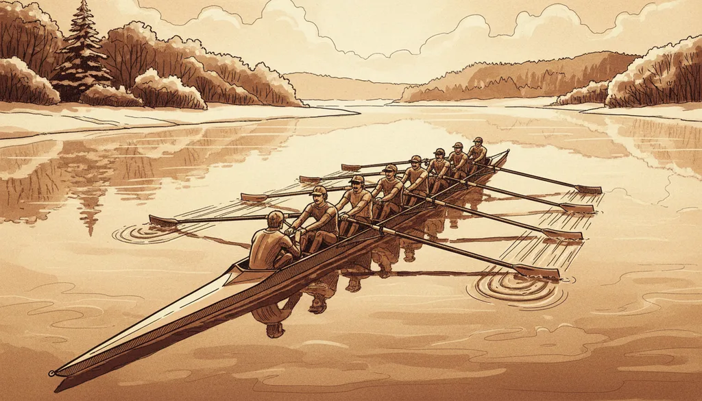 a rowing team at dawn on a glassy river, mist rising
