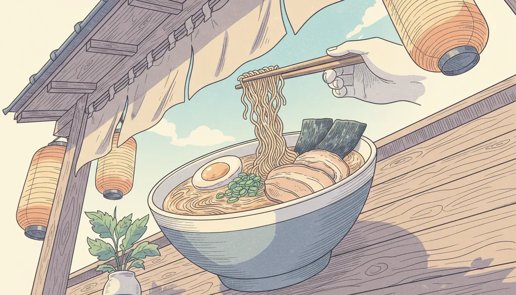 a bowl of ramen with a perfect soft egg, chopsticks lifting noodles