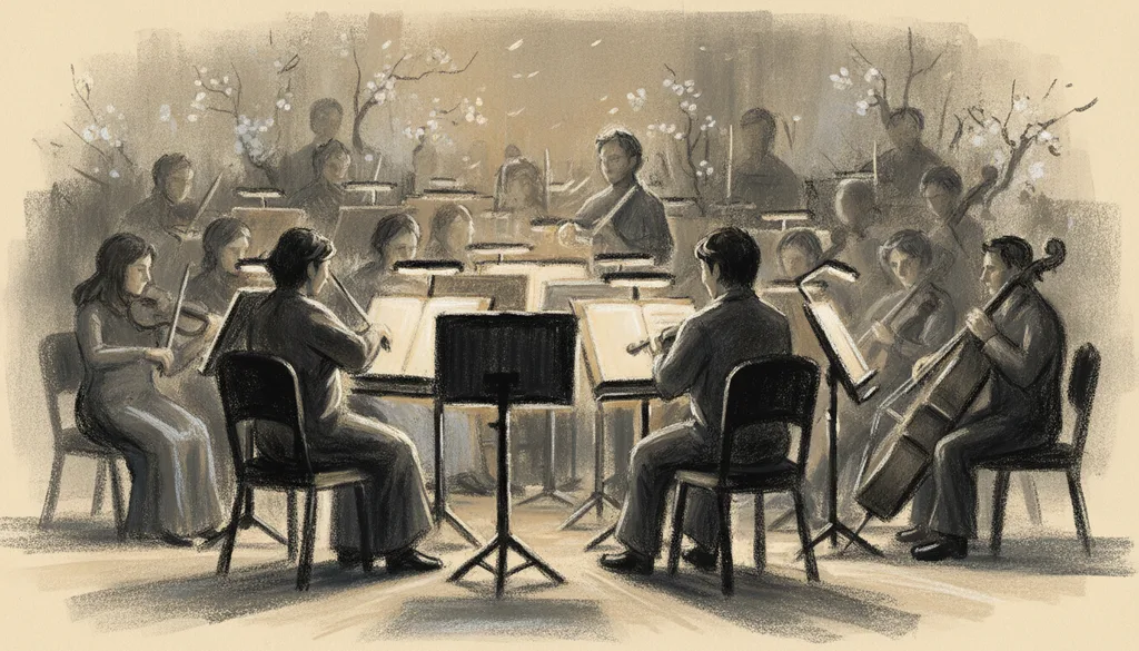 an orchestra pit seen from the stage, music stands glowing