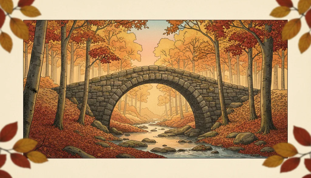 a stone bridge over a brook in a beech forest in autumn