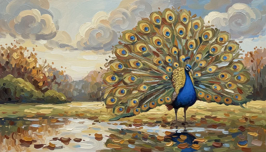 a peacock spreading its tail in a rain-soaked garden