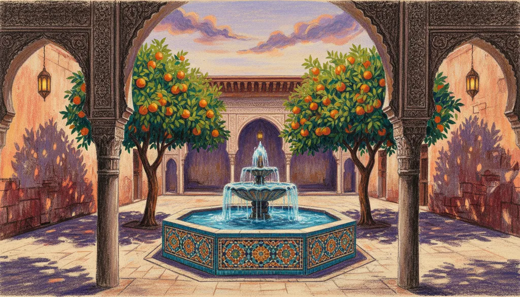 a Moroccan courtyard with a tiled fountain and orange trees