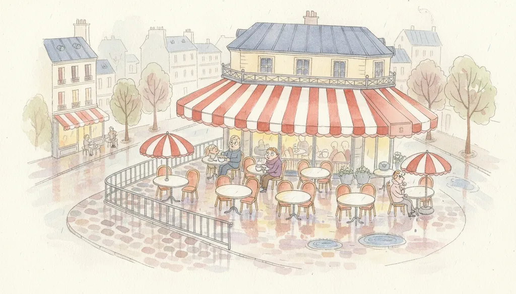 a Paris cafe terrace in a light spring rain