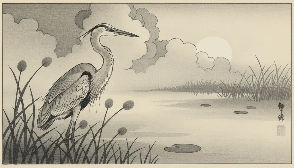 a heron standing in a misty marsh at sunrise