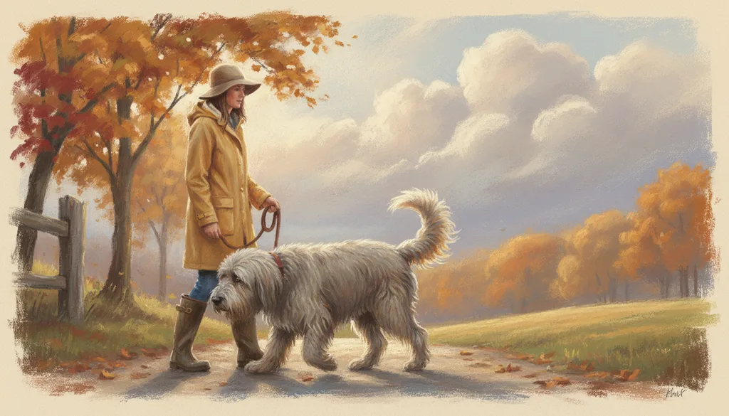 a woman in a yellow raincoat walking a huge shaggy dog