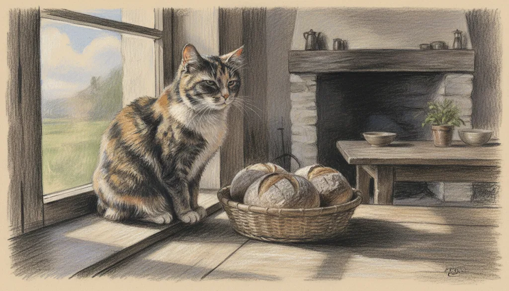 a farmhouse kitchen with bread cooling and a cat on the sill