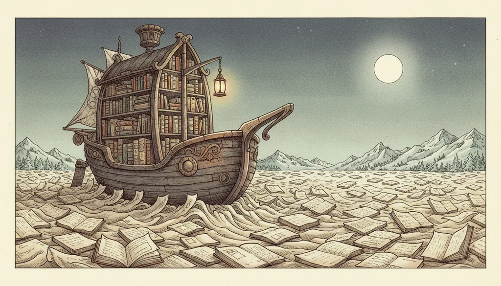 a boat-shaped bookshelf sailing a sea of pages