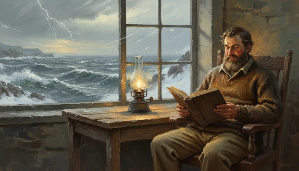 a lighthouse keeper reading by lamplight as the storm rages outside
