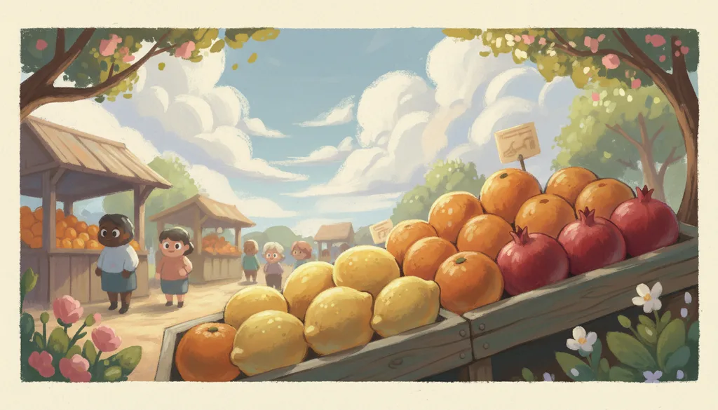 a market stall piled with oranges, lemons, and pomegranates