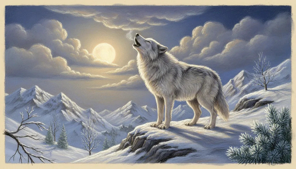 a lone wolf howling on a snowy ridge under a full moon